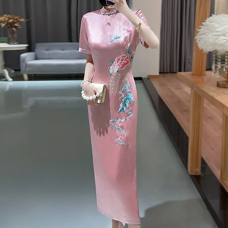 

High-Quality Acetate Satin Chi-Pao Summer New Chinese Style Embroidery Big Flower Stand Collar Slim Lady Long Dress S-XXL