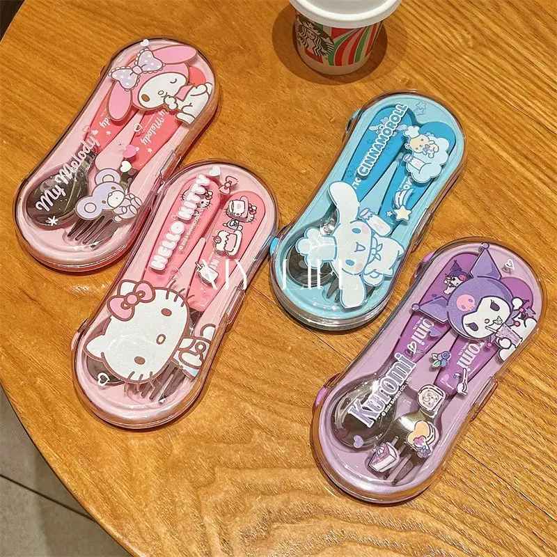 

Cinnamoroll Hello Kitty Anime Kawaii MINISO Ins Children Cutlery Set Cute My Melody Spoon Fork Storage Box Birthday Gifts Toys