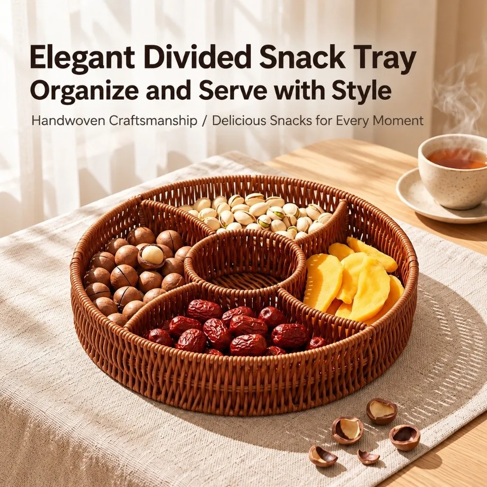 Imitation Rattan Serving Tray Multi Compartment Hand‑Woven Snack Basket Round Shape Sturdy Frame Dry Fruit Plate Coffee Table