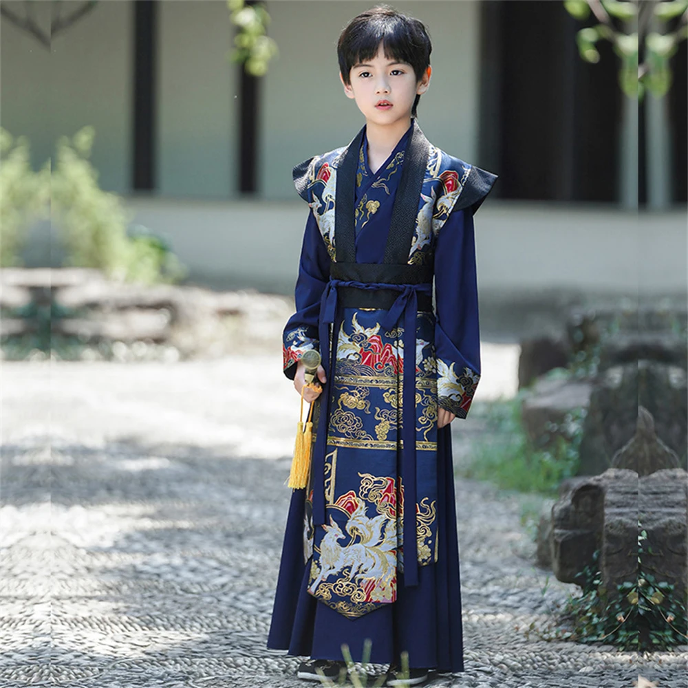 Chinese Traditional Improved Hanfu Kids Boy Handsome Ancient Costume Young Master Embroidery Tang Suit High-end Swordsman Outfit