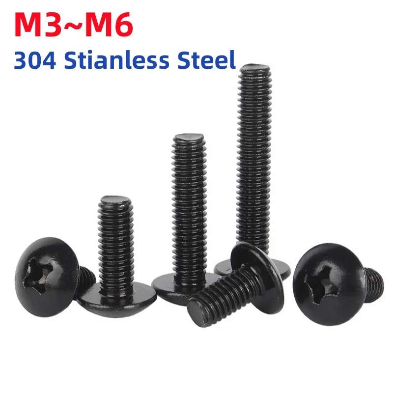 M3 M4 M5 M6 Black 304 Stianless Steel Cross Recessed Phillips Truss Head Large Mushroom Round Head Screw Bolt