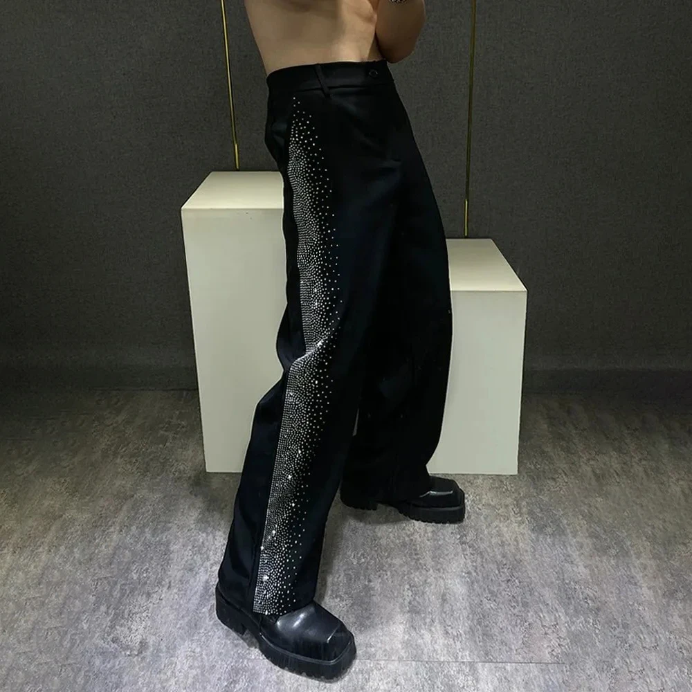 Pantalones para hombre Y2k, pantalones informales con diamantes, ropa de calle de otoño, moda para actuación en el Campus, pantalones de pierna ancha que combinan con todo, ropa para hombre 2024