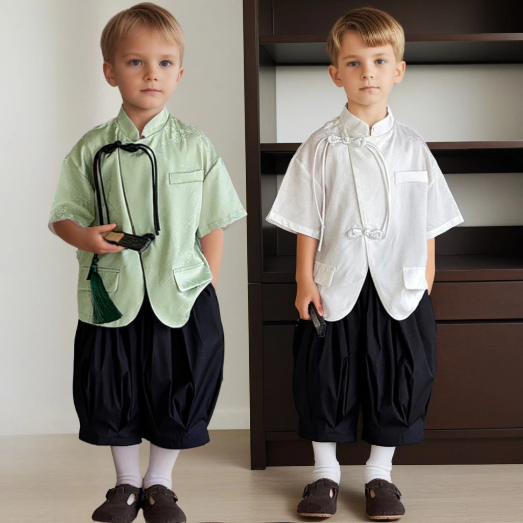 

Kids Chinese Style Outfit Summer Traditional Mandarin Collar Shirt Lantern Pants 2-piece Boys Performance Suit Set Child Costume