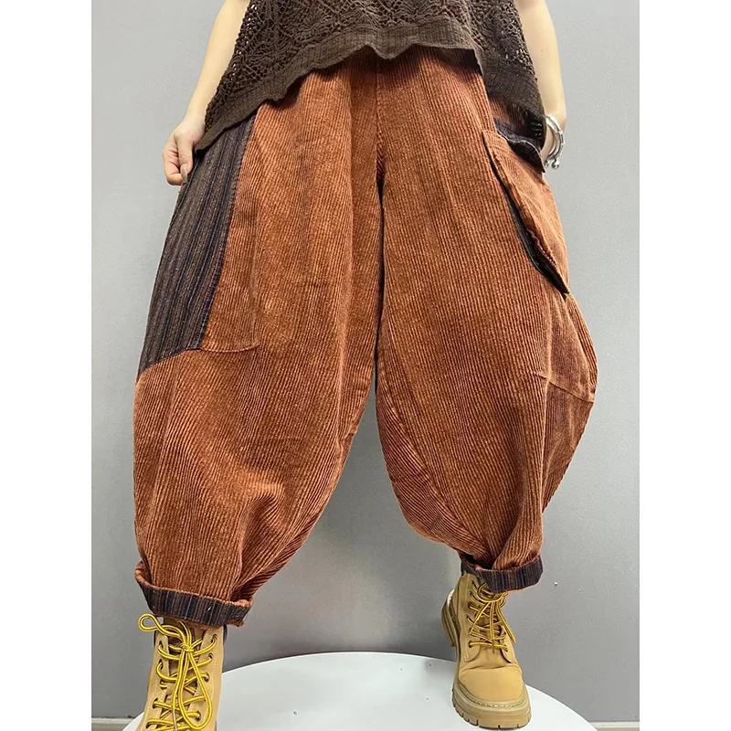 HotCorduroy Pants Women Casual Street Loose Pantalons Autumn Japanese Korean Style Patchwork Design Harem Punk Wide Leg Trousers