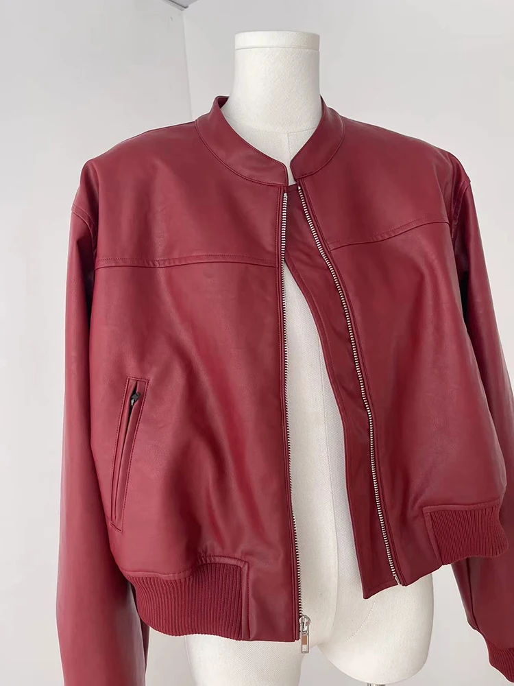 Jaqueta Feminina de Couro PU Vermelha Estilo Motociclista Acolchoada para Trabalho, Moda Primavera Outono, Casaco Elegante Feminino