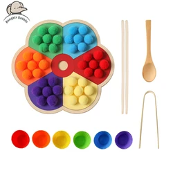 Wooden Montessori Toy Baby Color Sorting Sensory Toy Flower Shape Rainbow Board Children Fine Motor Skill Education Toy Kid Gif