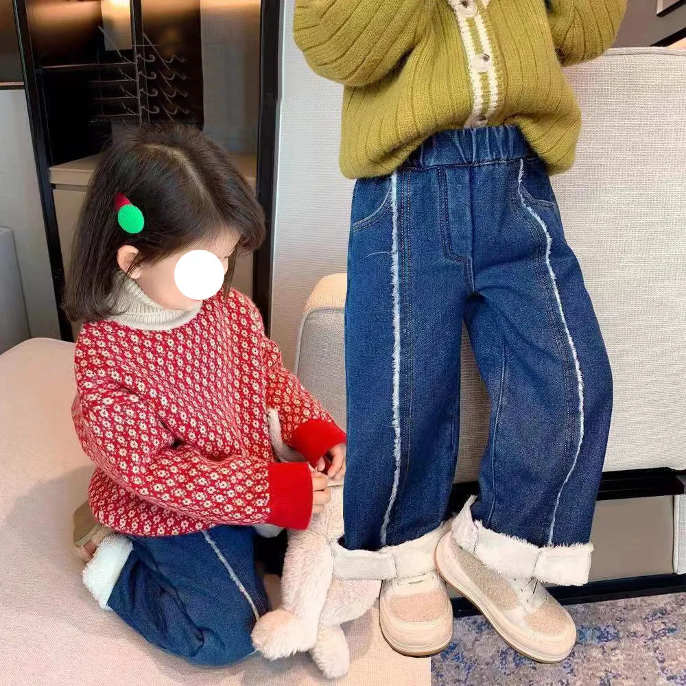 Girls Jeans Trousers Winter 2024 New Pants Wear Children Baby Thick and Fleece Flanged Warm Wide Leg Pants Fashion Bottoms