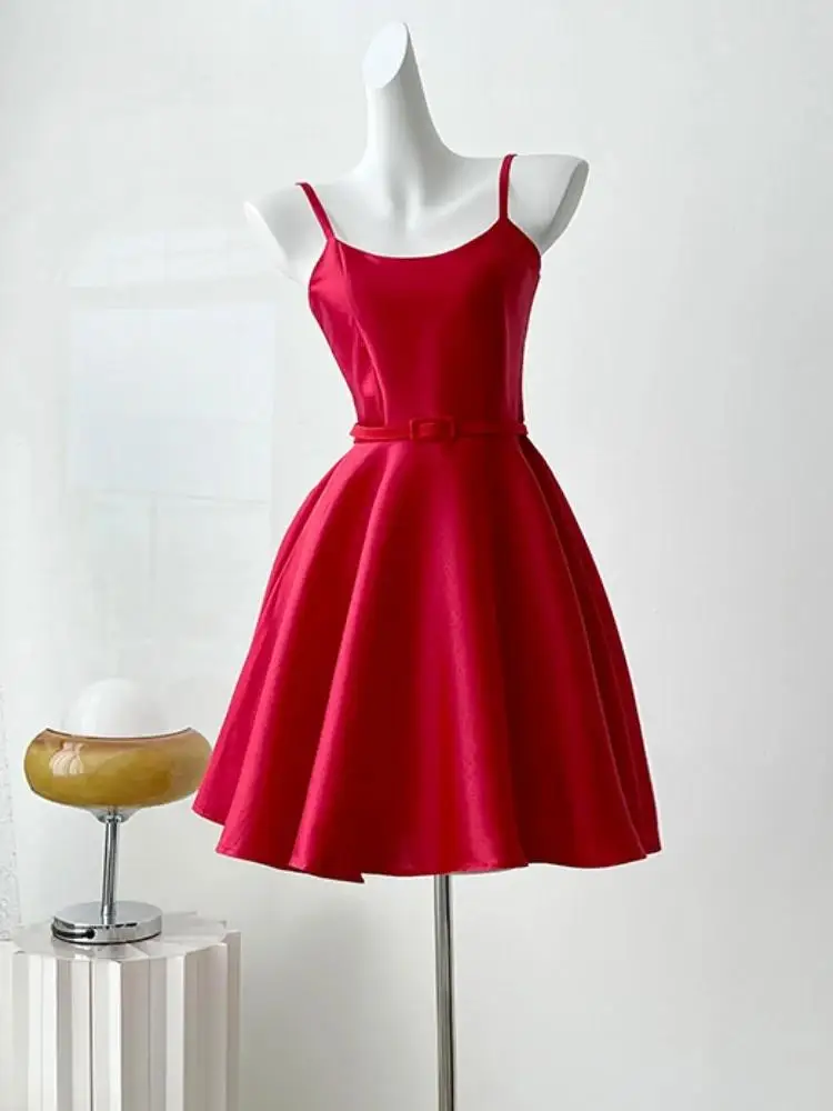 Women Red Black Spaghetti Strap Backless Belt Mini Party Dresses 2025 Summer Elegant Princess Evening Sexy Club A Line Vestidos
