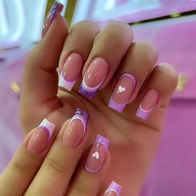 

24Pcs Purple Edge French Square Fake Nails Full Cover Glossy White Heart Short Ballet Nails Set Detachable Glitter Beauty Nails