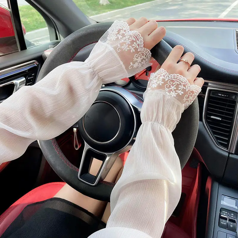 Calentadores de brazo de encaje para ciclismo y conducción de manga larga para mujer, protección Uv, mangas de mano holgadas y frescas, guantes sin dedos a la moda, verano