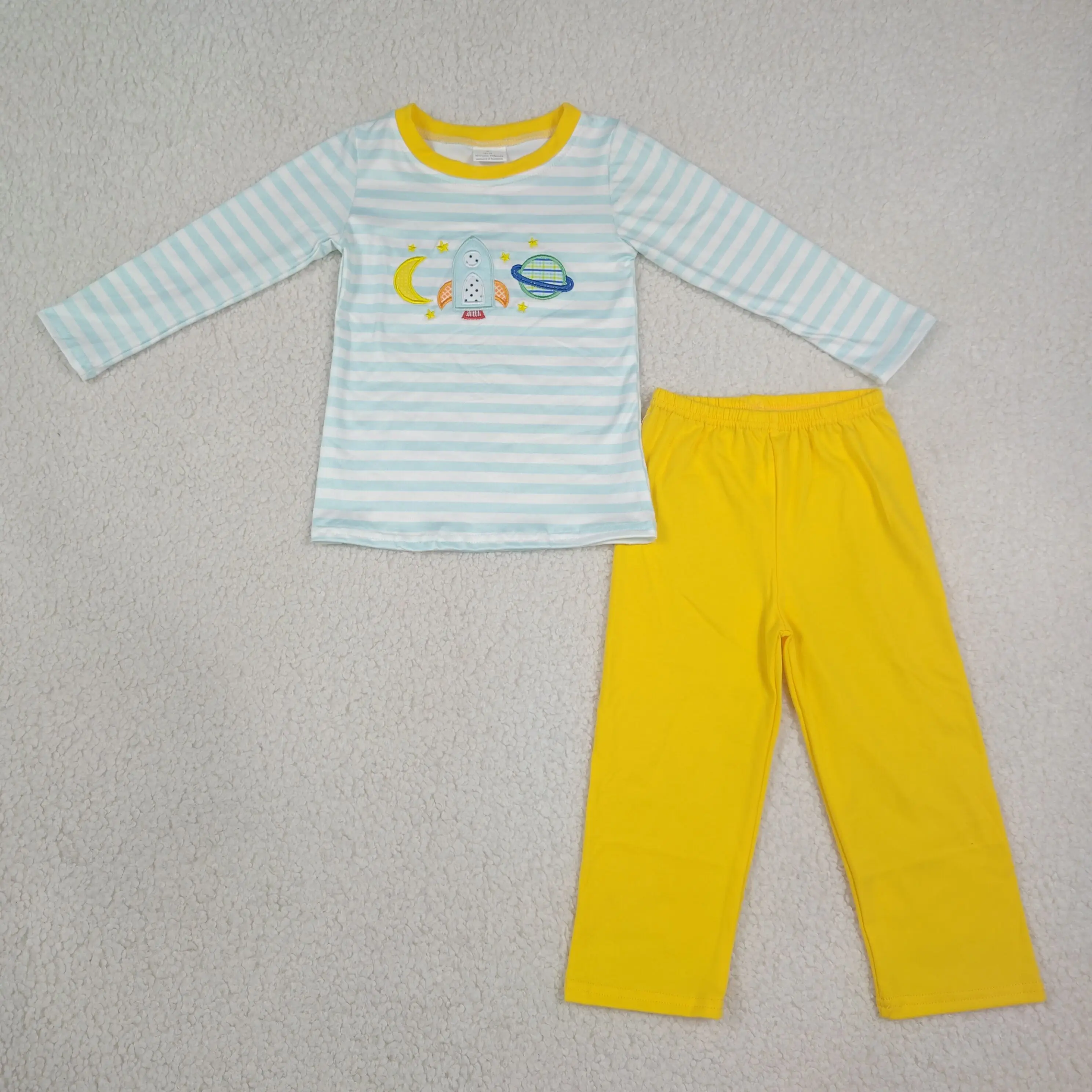 Wholesale Baby Boy Embroidery Stripes Shirt Set Toddler Kids Outfit Clothes Children Yellow Cotton Pants