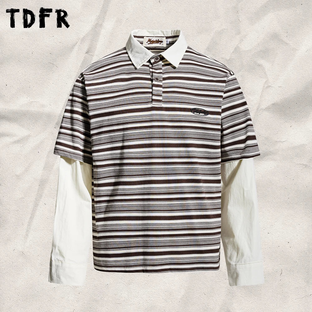 Horizontal Stripes Fake Two Pieces Polo Shirt Mens Autumn Lapel Casual Spliced Long Sleeve ‌Faux Layered Cotton Tee Man
