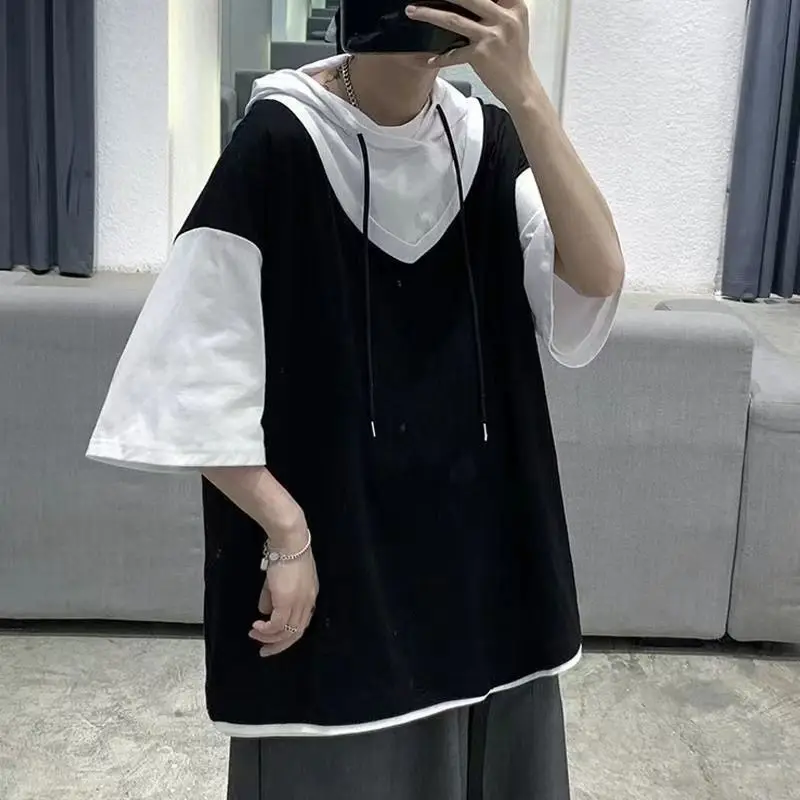 Street Casual Fashion Loose Pullovers Patchwork T-Shirts Short Sleeve Man Spring Summer Thin Hooded Round Neck Men\'s Clothing