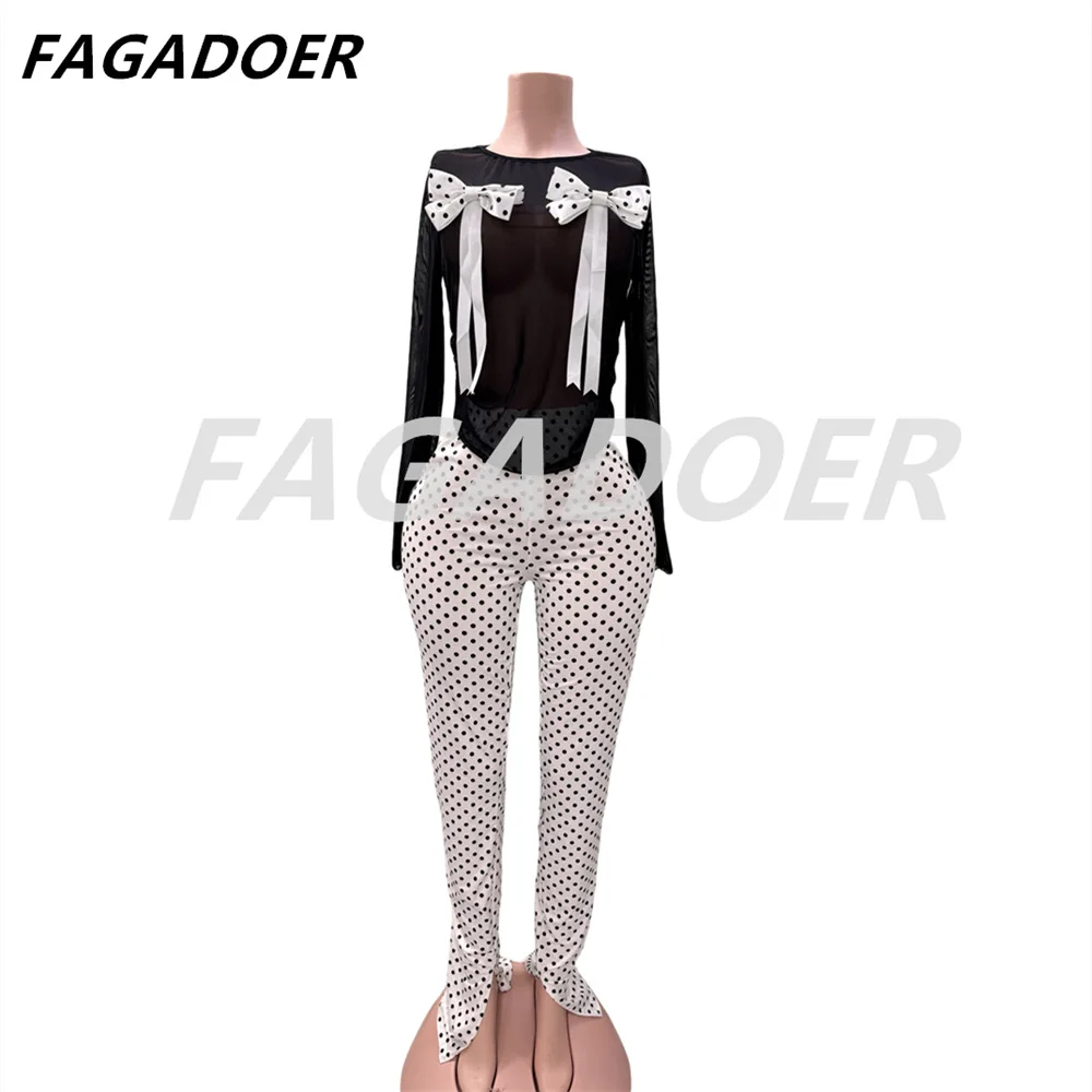 FAGADOER Vintage Y2k Polka Dot 2-częściowy strój damski Mesh See Through Bow Top i Stacked Pants Suits Ladies Club Streetwear