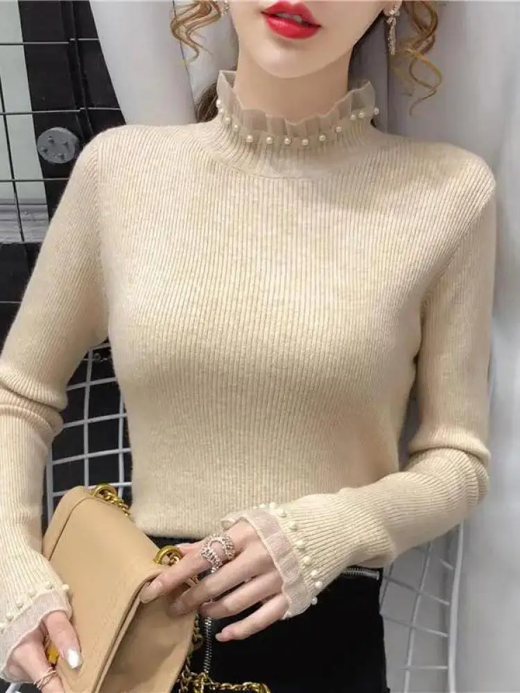 Autumn Winter Mock Neck Women Sweater Vintage Basic Solid Beading Korean Tops Casual Slim Pullover Sweaters Simple Chic Jumpers