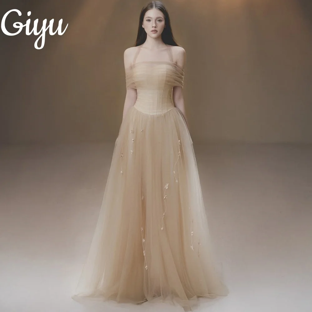 

Giyu Elegant Halter Tulle A-line Prom Dress Applique 2025 Off Shoulder Evening Dress Short Sleeve Special Occasions فساتين