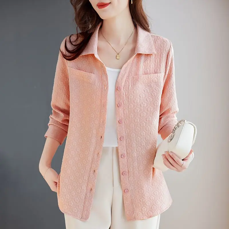 

Long-sleeved Shirt for Women Autumn New Fashion Casual Versatile Jacket Fashionable Jacquard Lapel Belly-reducing Top Trendy