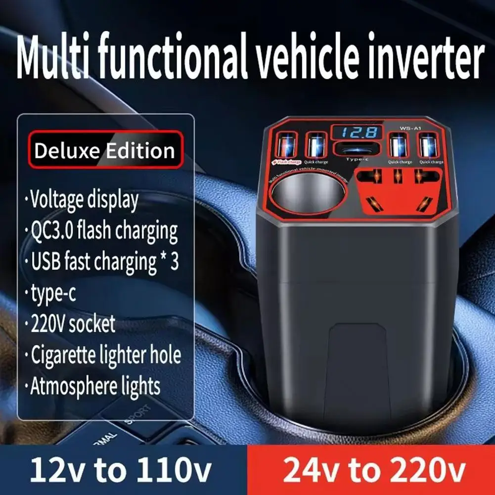 عاكس طاقة السيارة 12/24 فولت إلى 220 فولت مع 7 منافذ عرض جهد الإخراج QC3.0/PD شحن سريع عالمي للشاحنات ملحقات السيارة
