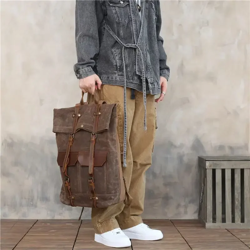 Waxed Canvas Backpack Men Women Travel Bag Genuine Leather and Canvas Computer Leather Backpacks Mountaineering Unisex Bag