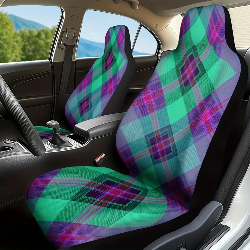 2pcs, Front Seat Cover Set Colorful Plaid Tartan Print, Comfort, Universal Fit, Durable Design Enhance Your Car Interior Style,