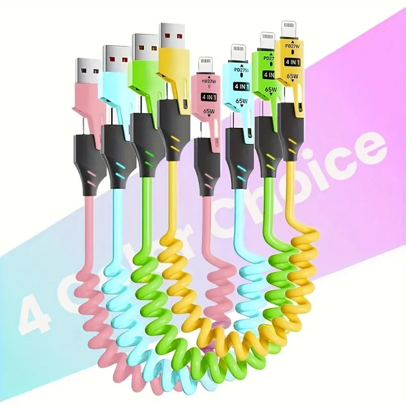 

Four-in-one spring data cable, capable of providing up to 65W of fast charging power, suitable for charging a variety of devices