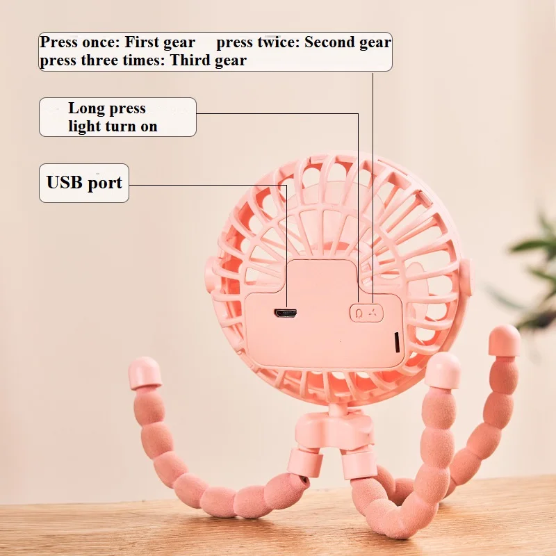 Baby Stroller Fan Mini Portable Outdoor Fan USB 3 Speed Flexible Octopus Fan Tripod Clip on Handheld Fan for Stroller Crib