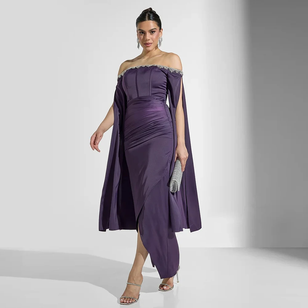 

Purple Women's Evening Dress Off The Shoulder Mermaid Prom Dress Ankel Length Formal Party Gown Beading Saudi Dress