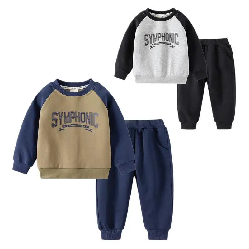 Spring Autumn Baby Boy 2PCS Clothes Set Cotton Letter Printed Double-sided Fabric Kid Boy Sweatshirt Tracksuit Solid Pant Outfit