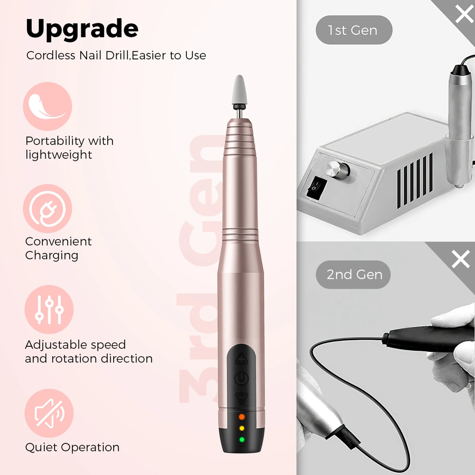 Máquina elétrica de broca de unhas, velocidade ajustável, sem fio, kit de lixa de unhas, portátil, manicure, pedicure, conjunto de polimento, roxo