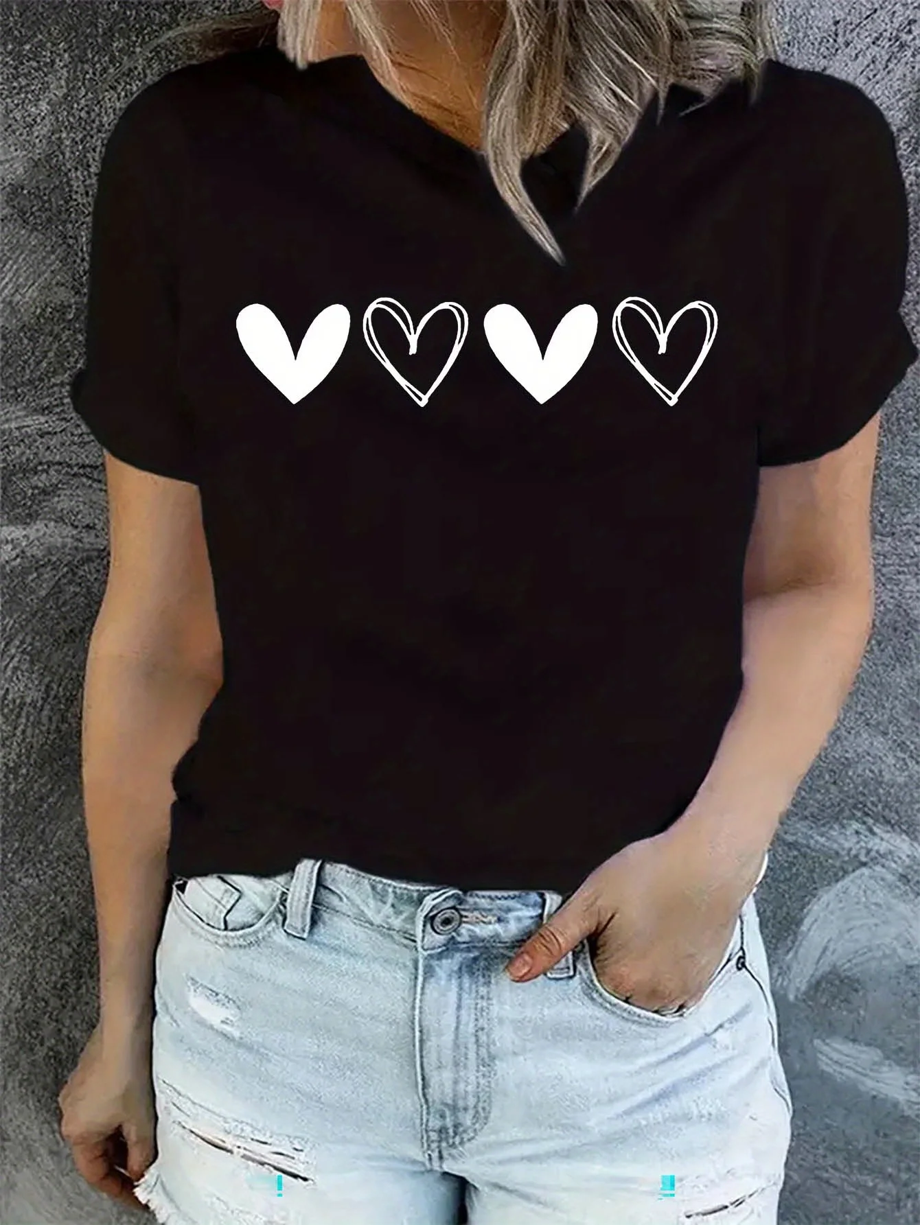 

Heart Print Casual T-Shirt, Round Neck Short Sleeves Stretchy Sports Tee, Valentine's Day Women's Comfy Tops