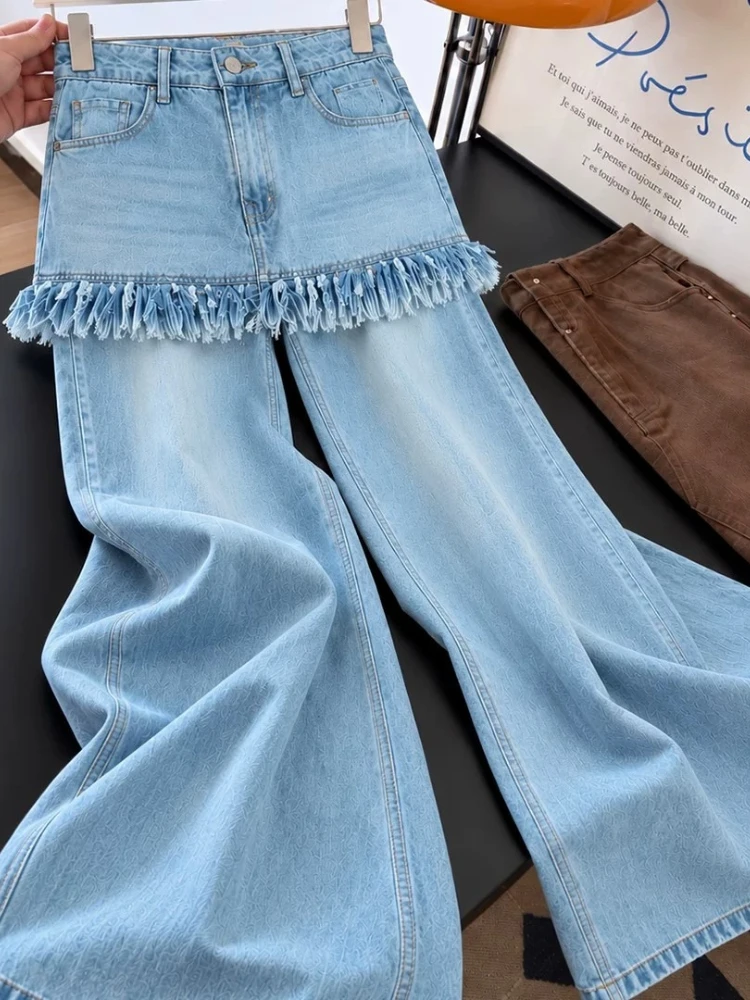 Vintage Jeans Wash Faux Two Piece Long Skirt Hem Patchwork Hidden Texture High Waist Wide Flare Slimming Floor Length Slacks