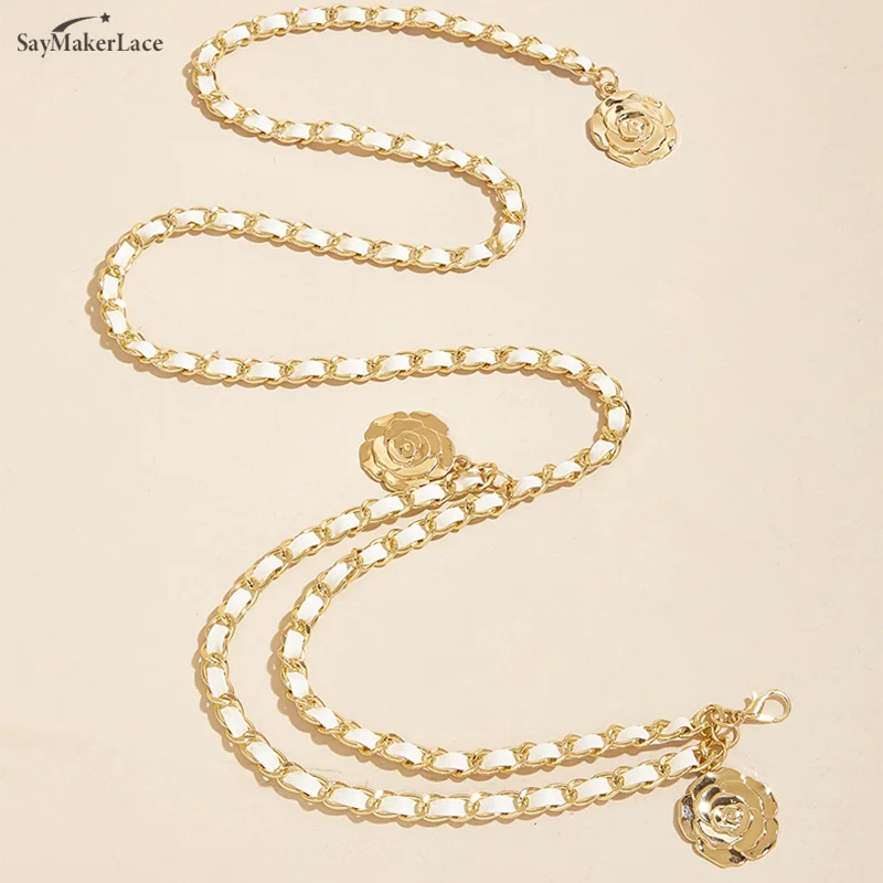 

1pcs Women Round Flower Pendant Chain Strap Rope Metal Waist Chain Belts Female Fine Waistband Dress Shirt Waist Closing Belt