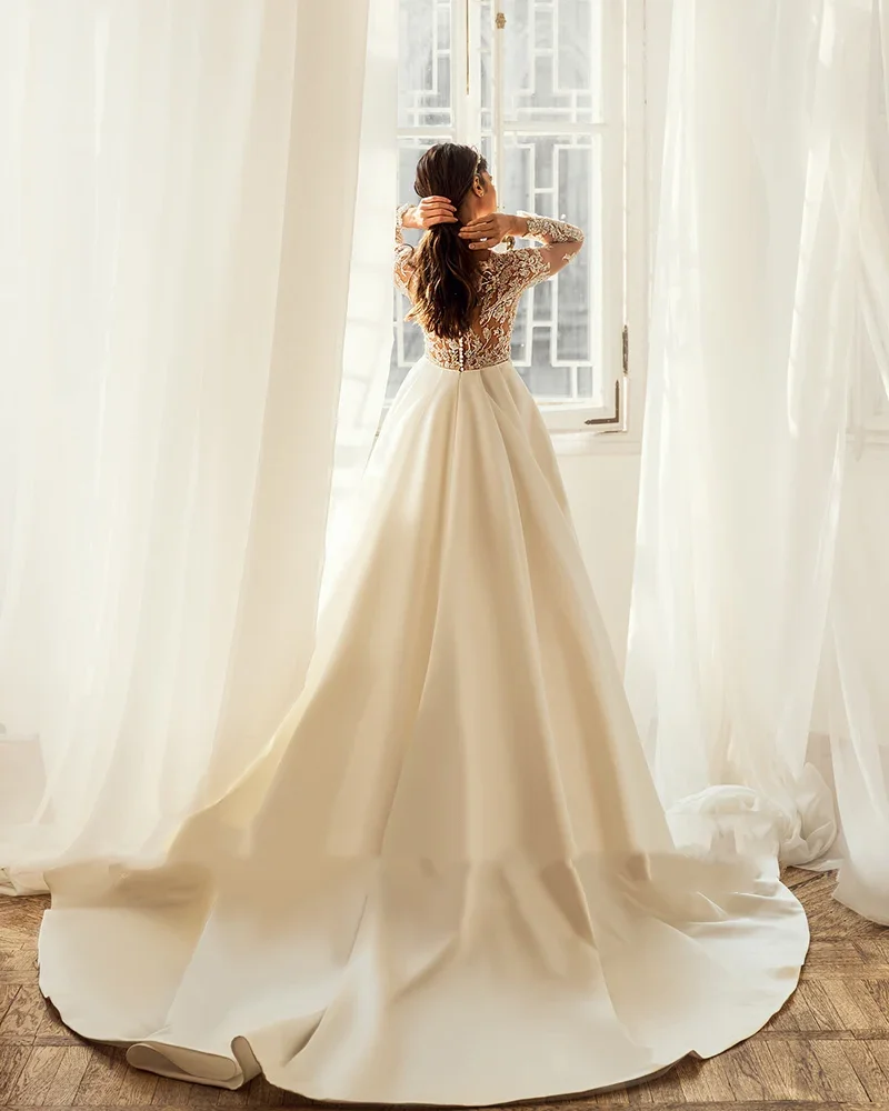 

Свадебные платья Flavinke: Элегантные, с круглым вырезом, на пуговицах сзади, с длинными рукавами, бисерными аппликациями, из атласа, А-силуэт, Vestidos De Novia