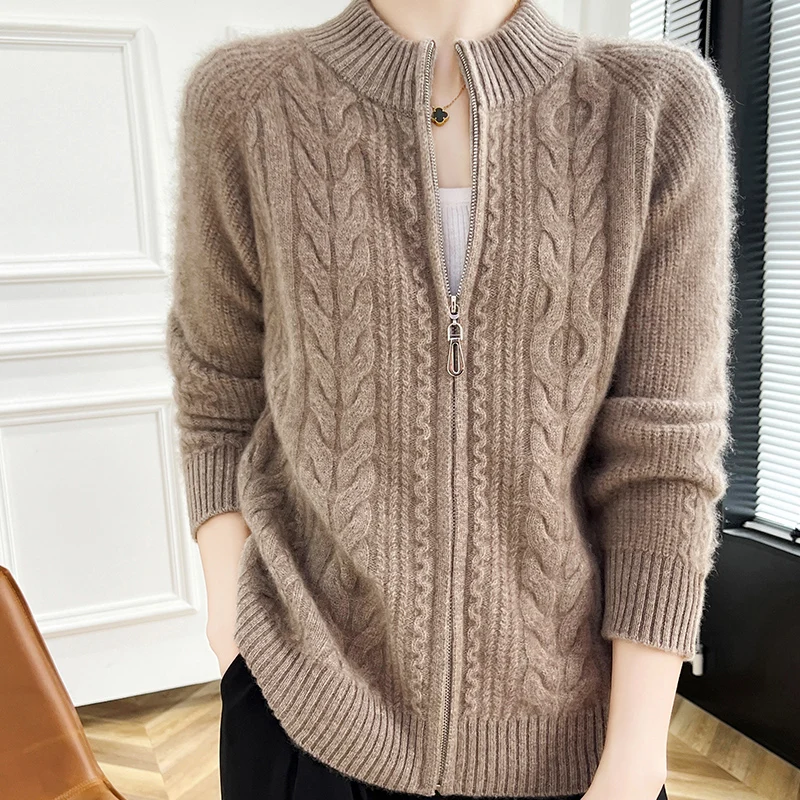 100% merino wool cardigan New cashmere sweater in autumn and winter women's semi-high neck cardigan warm knit bottoming coat