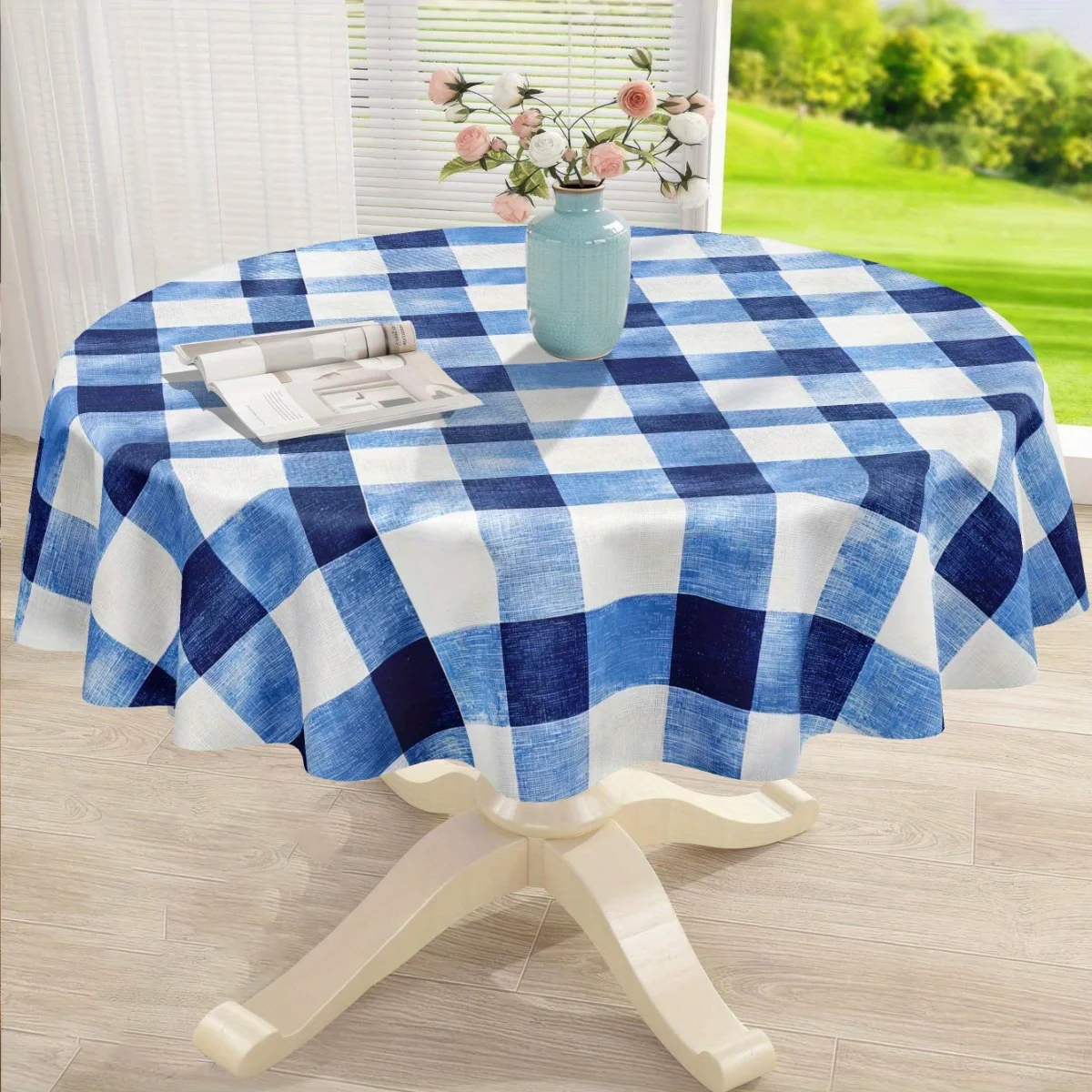 One elegant vintage blue and white check polyester tablecloth - round and rectangular festive decoration