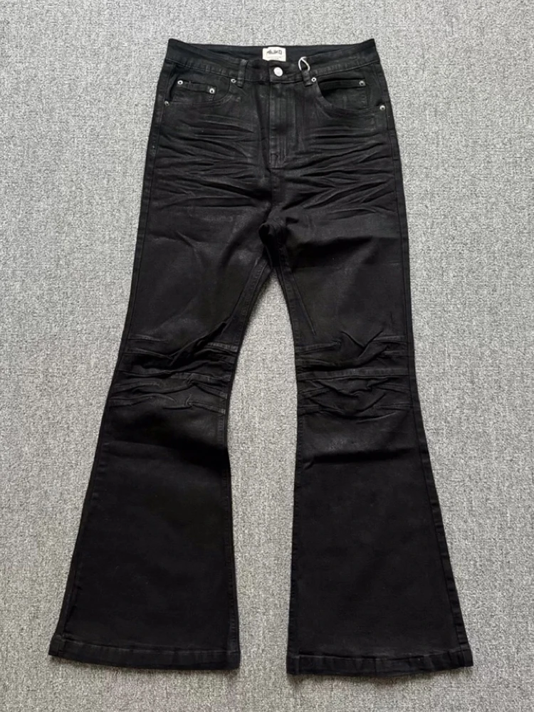 Retro Dark American High Street Handmade Brush Wax Coating Washed Floor Micro Flared Jeans Men Trendy mid Waist Loose Fit Jeans