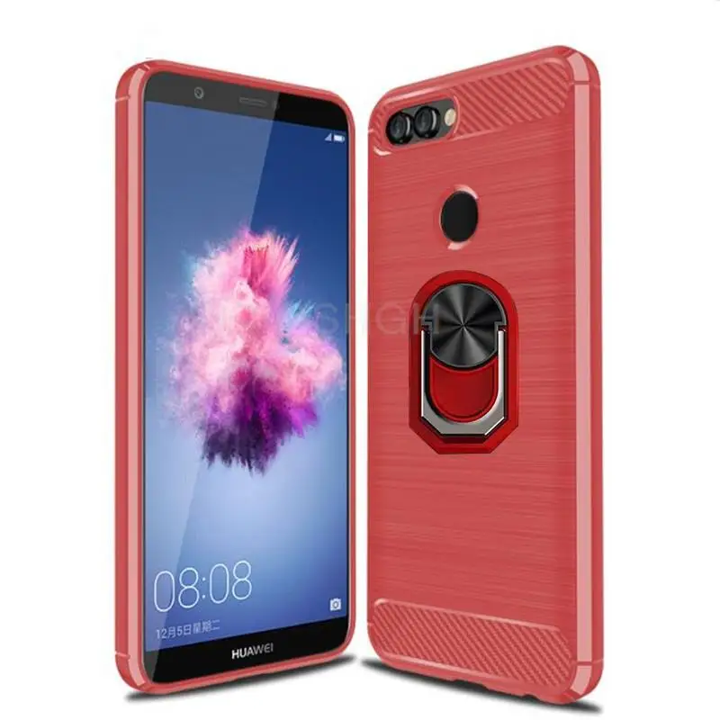 For Cover Huawei P Smart FIG-LX1 FIG-LX2 Brushed Carbon Fiber Silicone Case For Huawei P Smart Magnetic Ring Stand Cover