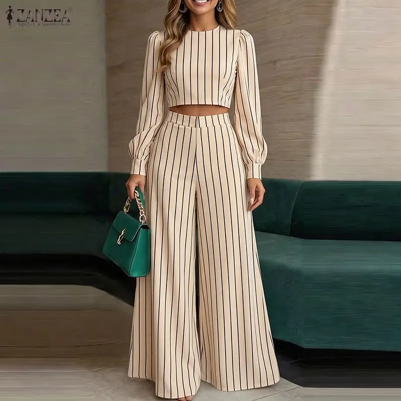 Autumn 2PCS Outfits ZANZEA Stylish Women O Neck Long Sleeve Cropped Tops Wide Leg Trousers Striped Work Pant Sets Matching Sets