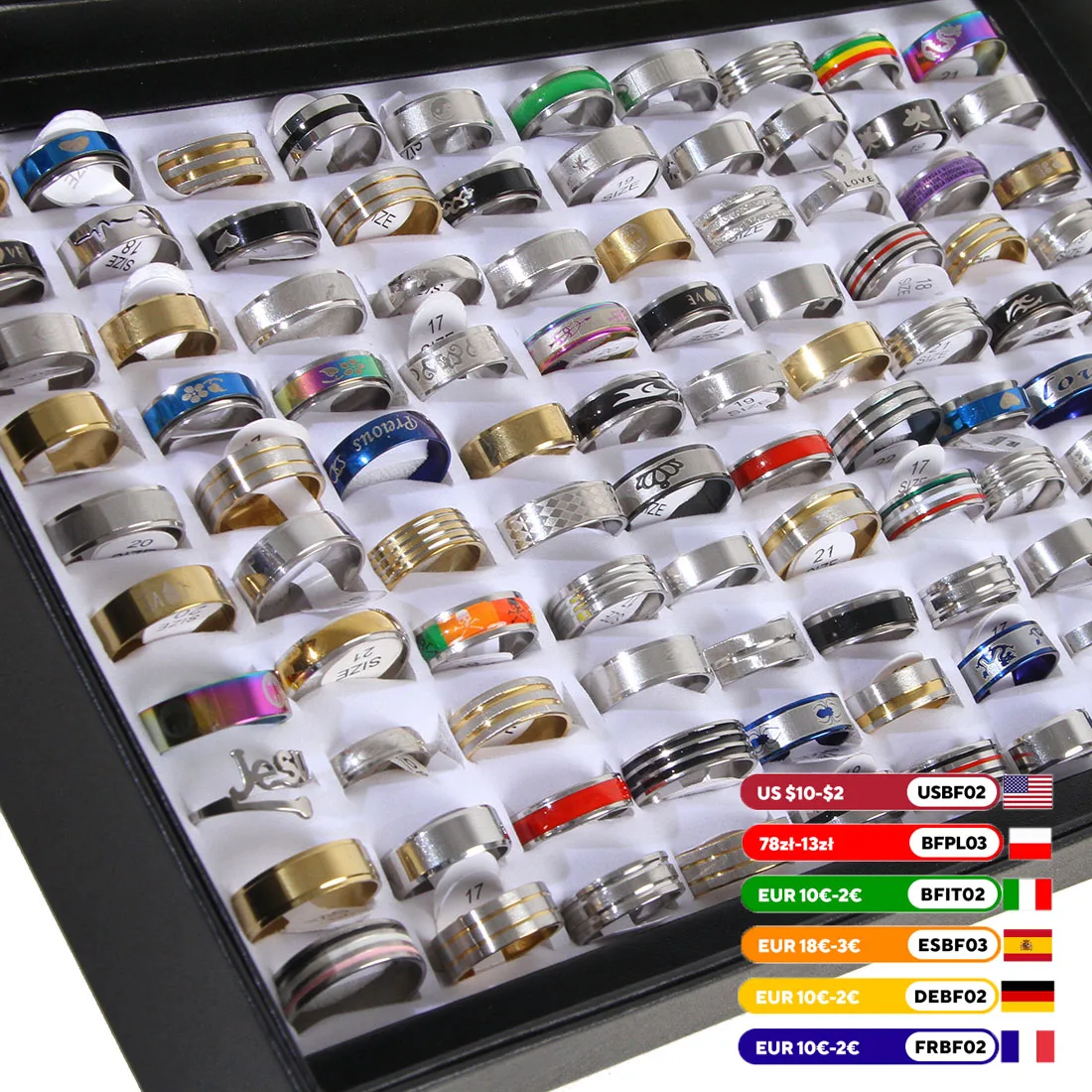 100 Uds anillos mixtos lote al por mayor anillos de dedo a granel para hombres mujeres joyería de cumpleaños regalo con caja