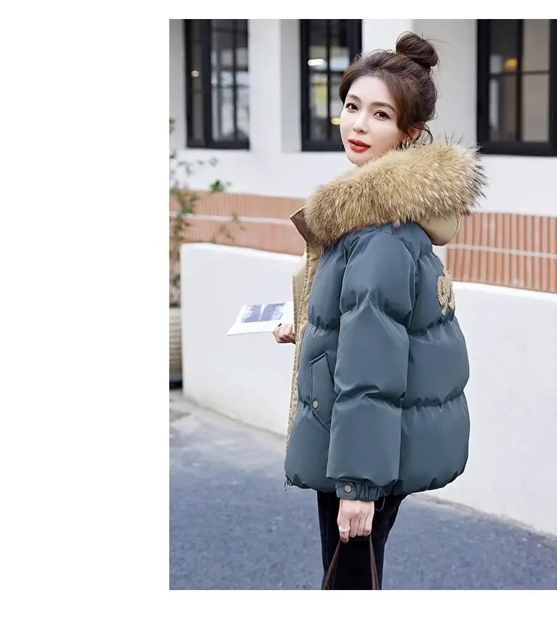 Down Cotton Jacket For Women Short Thickened 2026 Winter New Big Fur Collar Loose Cotton Coat Women's Warm Hooded Jackets Parker
