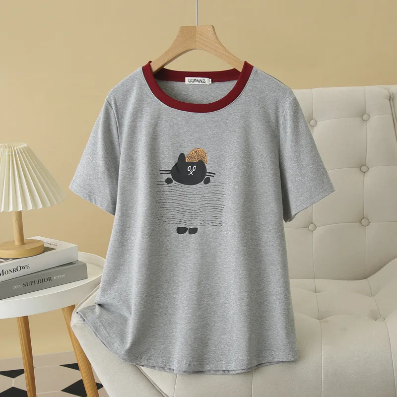 

2025 Summer Plus Size Women's Top New Casual Color Collar Print Short Sleeve Cotton T-Shirt 100kg 020