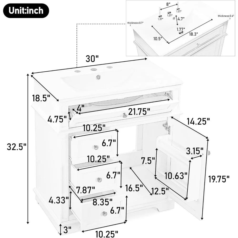 Tocador de baño de 30 pulgadas con lavabo, mueble de lavabo individual con lavabo de cerámica, tocadores de baño independientes con suave
