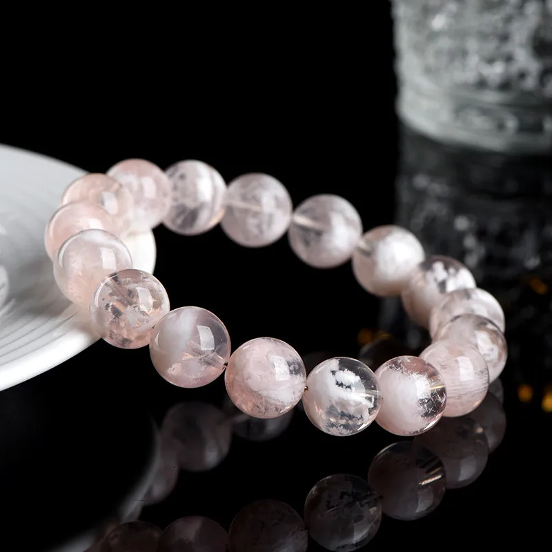 Jiuya Crystal Natural Pink Snowflake Ghost round Beads Bracelet White Water Snowflake Ghost Bracelet Factory direct sales