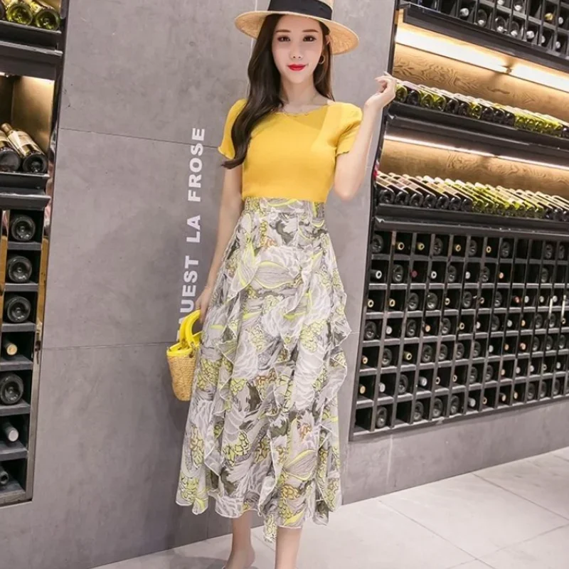 Women's Skirt Chiffon Floral Female Skirts High Waist Clothing Sales Quality Casual A Line Premium Korean Style Stylish V Cheap