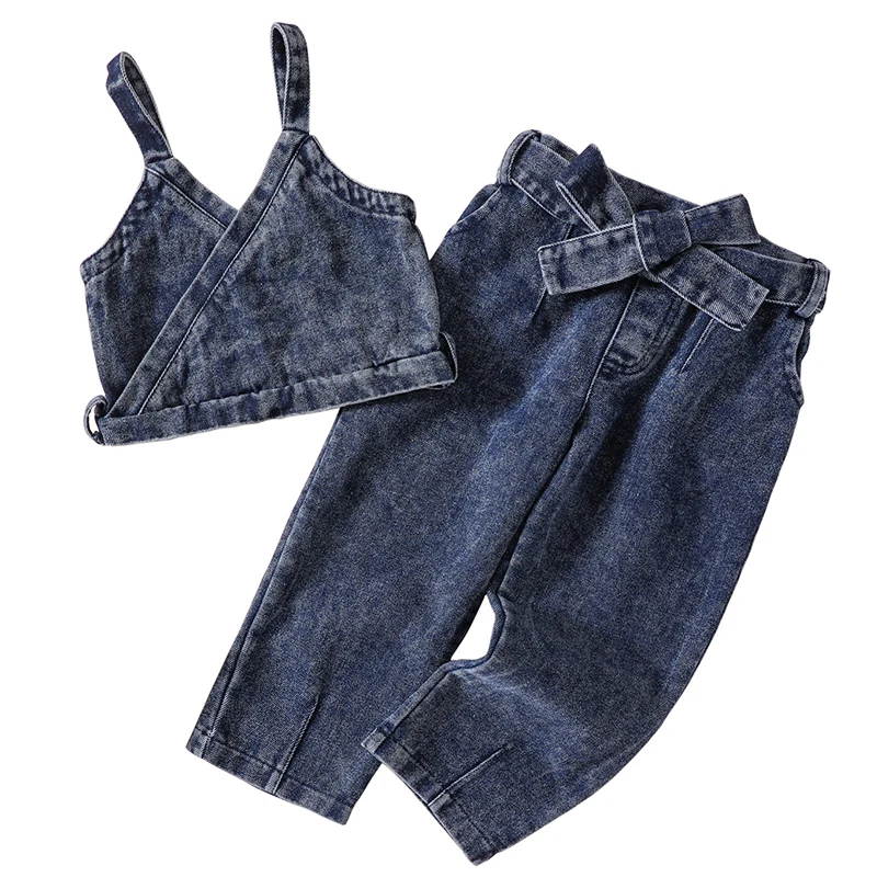 

2Piece Summer Outfits Baby Girls Clothing Fashion V-neck Sleeveless Tops+Jeans Kids Boutique Clothes Denim Two Piece Sets BC409