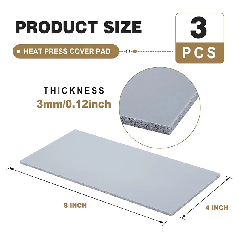HRBAJ-Pad di copertura per pressa di calore in silicone a doppia faccia 3 pezzi Accessorio per tappetino per pressa in schiuma 1/8 "X 4" X 8 "Per vinile a trasferimento di calore HTV