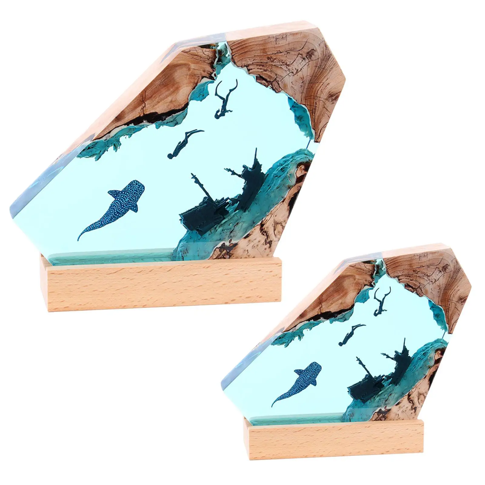 Clear Resin Bedside Night Light Wood Base Multifunctional Decorative Deep Sea Cave Diving Underwater Scene for Valentine Gift