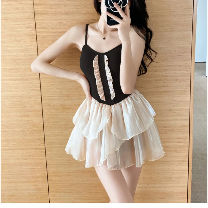 2023 New Korean One Piece Waist Wrap Contrast Elegant Sling Swimwear Women's Sexy Open Back Beach Swimwear Bath Clothing