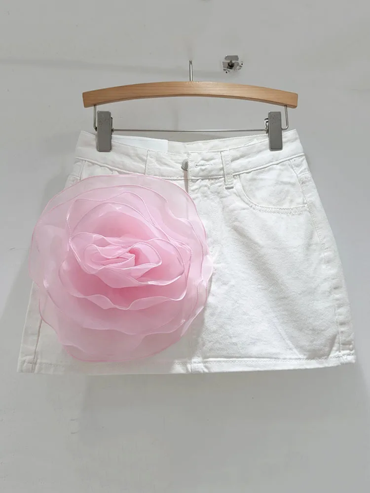 High Street 3D Flower Floral Denim Skirt High Waist Versatile Short Skirts For Women 2024 New Fashion Spring Summer X846