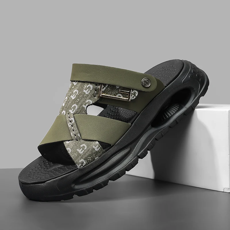 Outdoor Beach Sandals Men Pu Leather Flats Solid Colour Men's Running Footwear Fashion Outsole  Male Sports Summer Good Quality